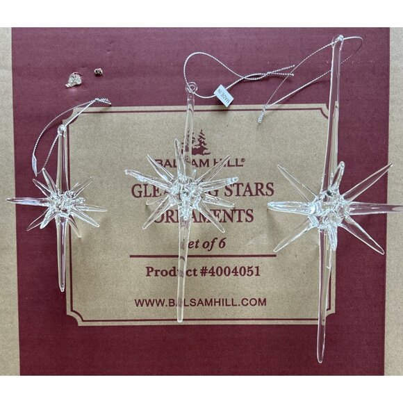 BALSAM HILL Gleaming Stars Christmas Ornaments Set Of 6 Clear Glass 5-9” 4004051 - Picture 4 of 5